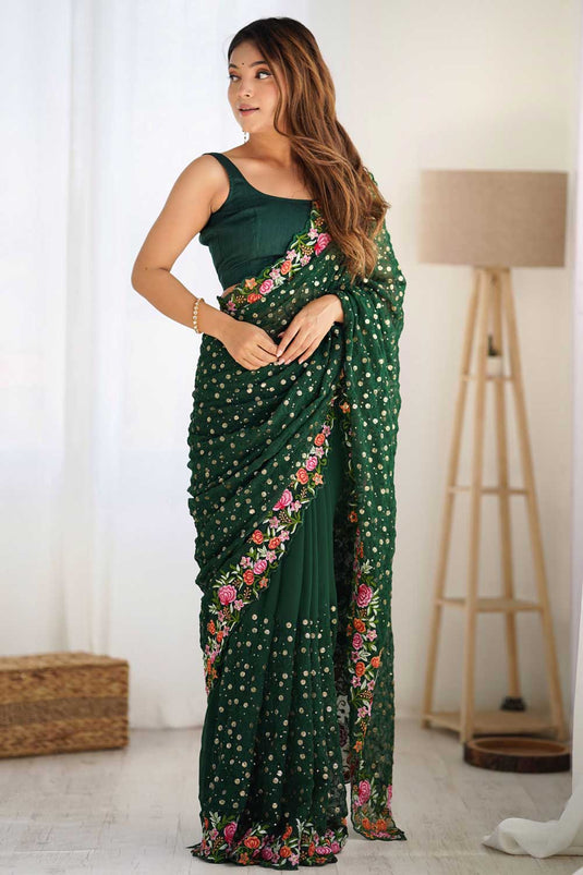 Captivating Georgette Saree In Green Color