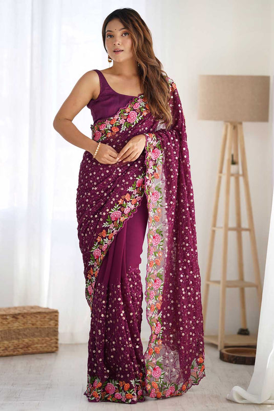 Imperial Wine Color Georgette Saree