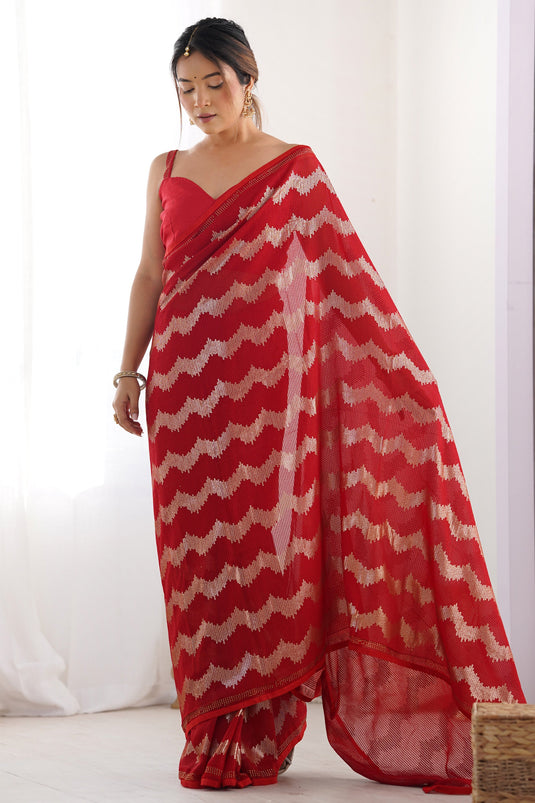 Red Traditional Sequins Work Saree