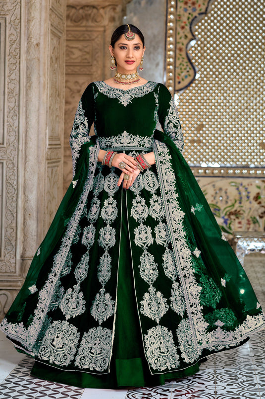 Velvet Sangeet Wear Sharara Top Lehenga In Green Color