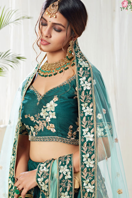 Dark Green Silk Fabric Wedding Wear Embroidered Designer Lehenga Choli