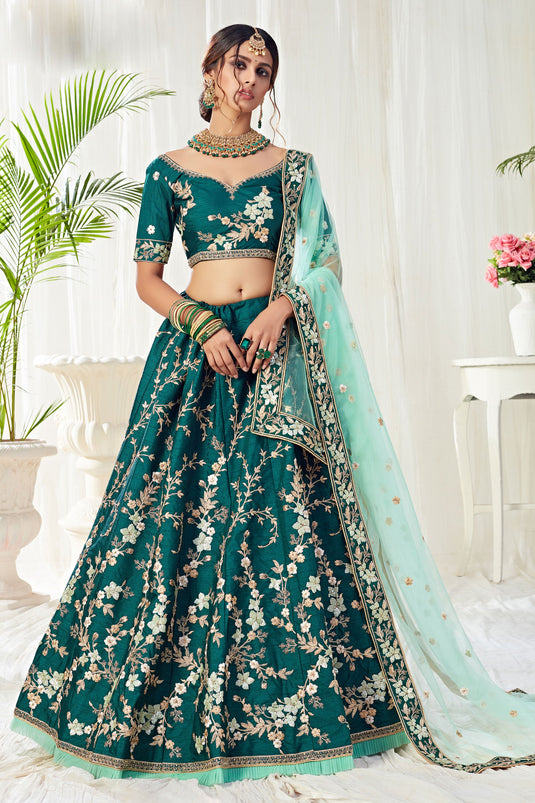 Dark Green Silk Fabric Wedding Wear Embroidered Designer Lehenga Choli