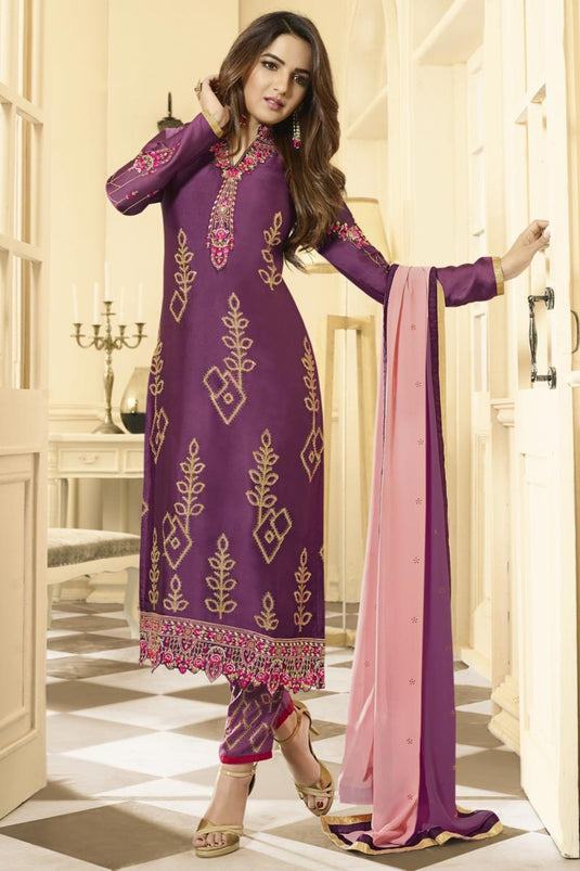 Jasmin Bhasin Satin Georgette Purple Color Winsome Salwar Suit