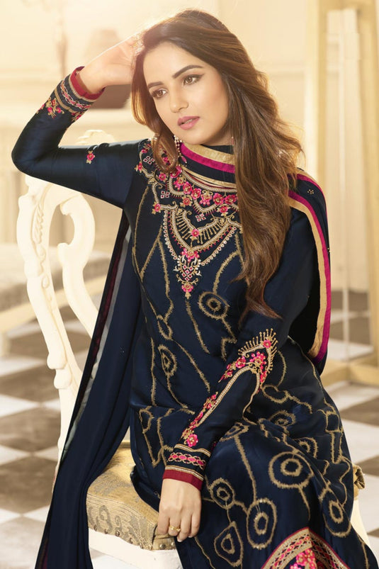 Jasmin Bhasin Satin Georgette Navy Blue Color Creative Salwar Suit