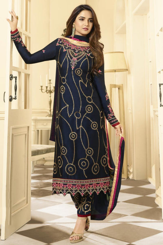 Jasmin Bhasin Satin Georgette Navy Blue Color Creative Salwar Suit