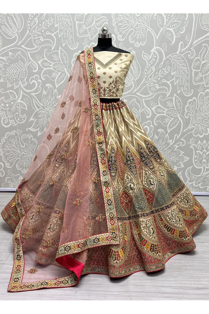 Beige Readymade Embroidered Silk Lehenga main image 0
