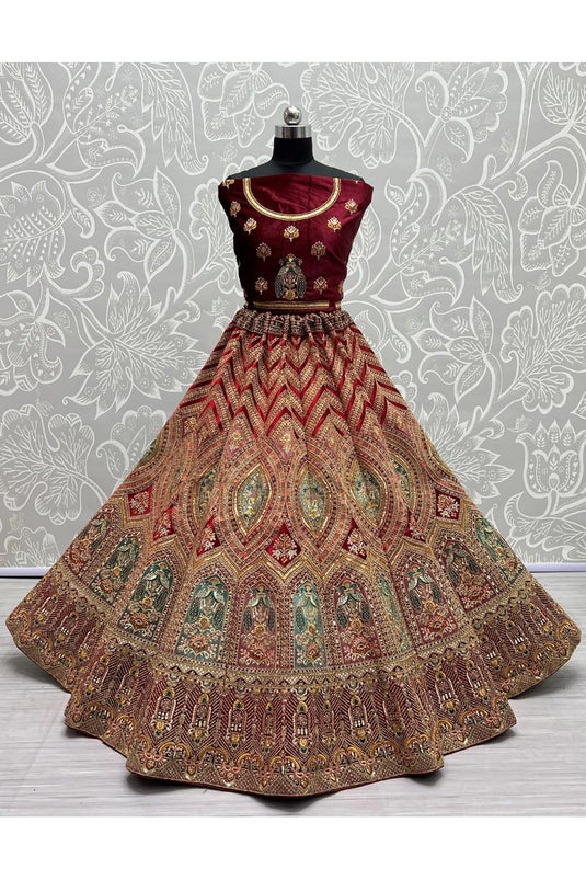 Engaging Maroon Color Silk Fabric Embroidered Work Wedding Wear Bridal Lehenga