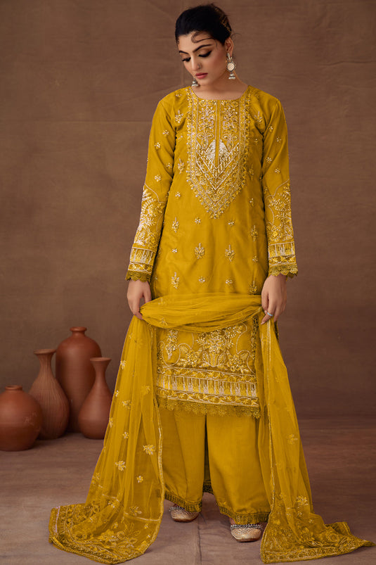 Organza Fabric Mustard Color Festive Wear Embroidered Palazzo Salwar Kameez