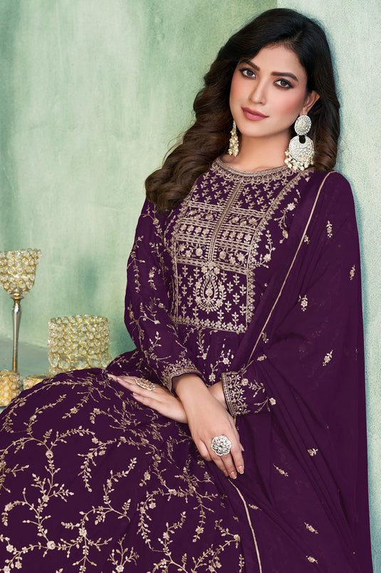 Purple Color Festive Wear Embroidered Anarkali Salwar Kameez In Georgette Fabric