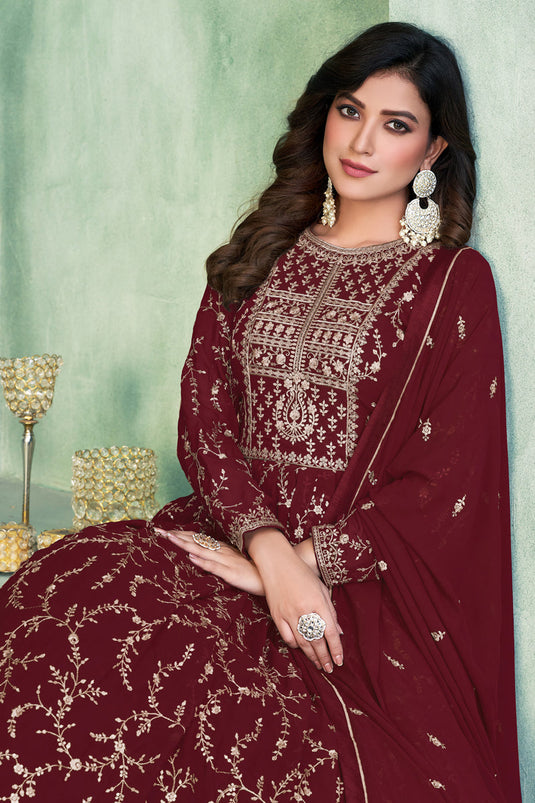 Embroidered Sangeet Wear Anarkali Salwar Kameez In Georgette Fabric Maroon Color