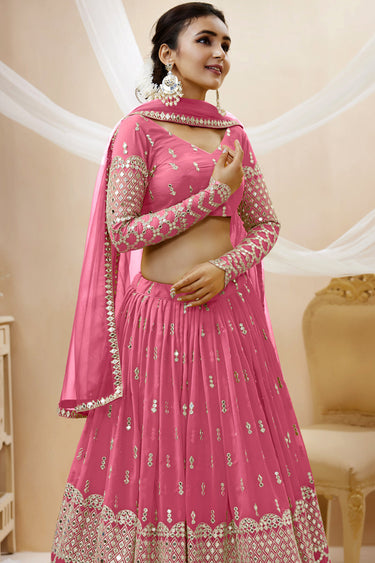 Excellent Georgette Fabric Pink Color Lehenga Choli With Embroidered Work