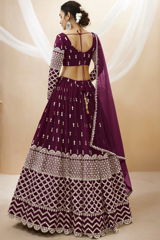 Awesome Embroidered Work On Georgette Fabric Wine Color Lehenga Choli