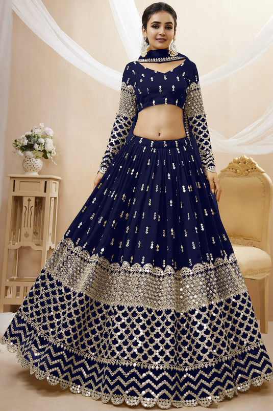 Georgette Fabric Embroidered Sangeet Wear Designer Lehenga Choli In Navy Blue Color