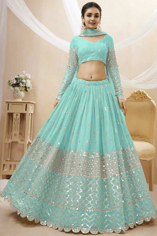 Light Cyan Color Reception Wear Georgette Fabric Embroidered Lehenga Choli