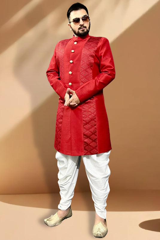 Gorgeous Silk Fabric Reception Wear Readymade Peshawari Style Indo Western For Men