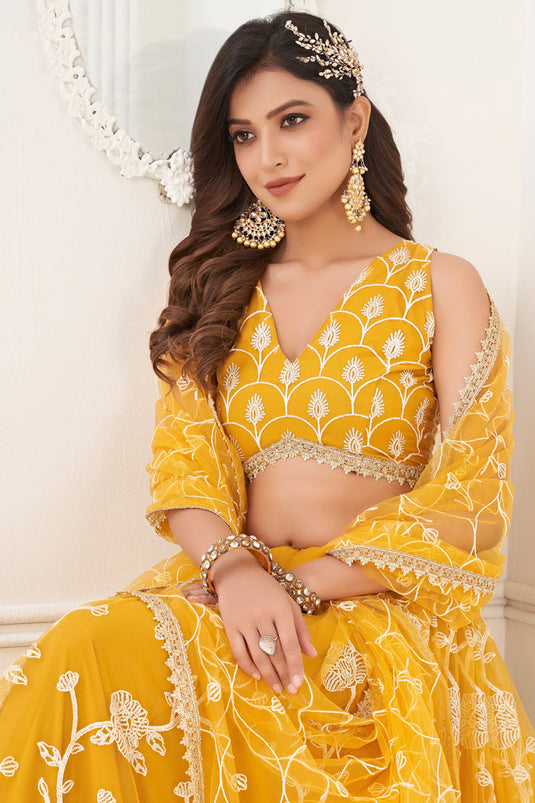 Yellow Color Embroidered Work On Net Fabric Beatific Lehenga Choli