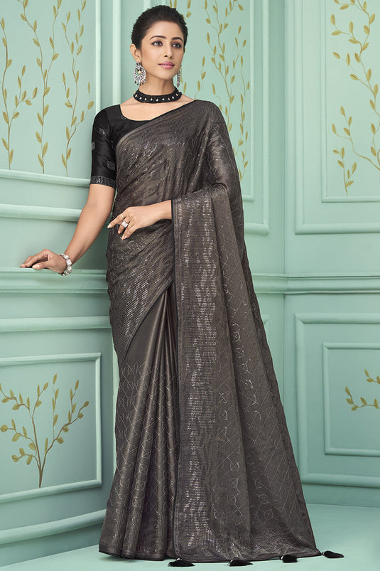 Sangeet Wear Grey Color Chiffon Fabric Sequins Work Saree