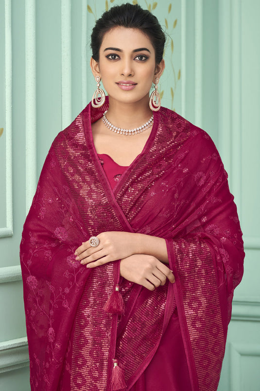 Chiffon Fabric Sangeet Wear Magenta Color Sequins Work Saree