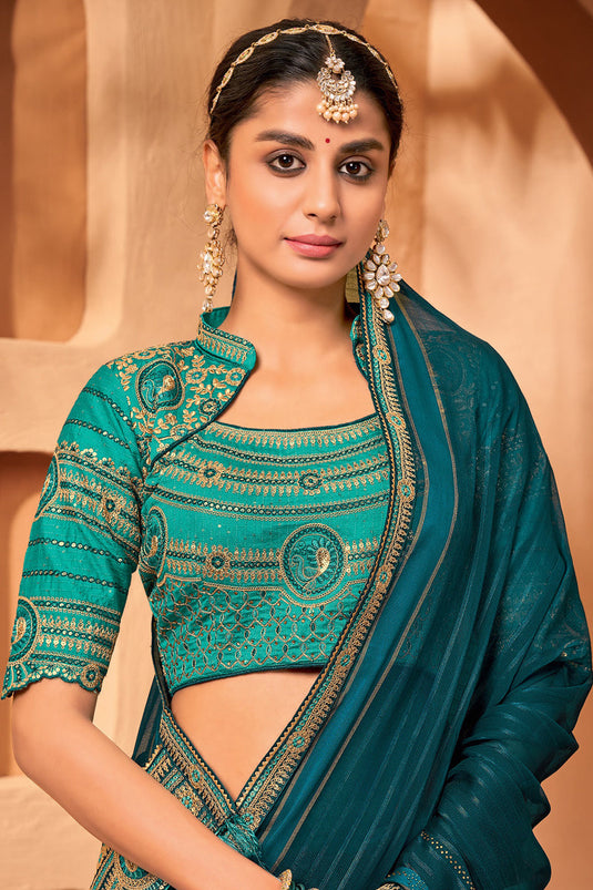 Wedding Wear Chiffon Fabric Border Work Saree In Teal Color