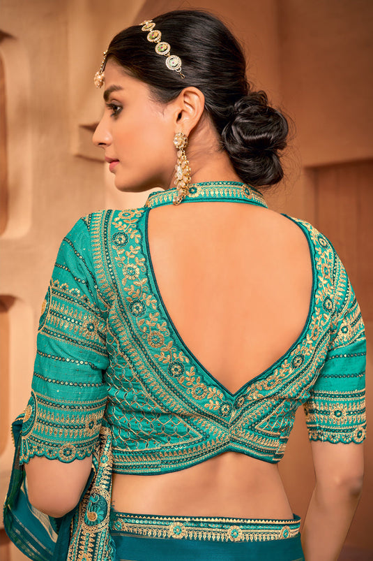 Wedding Wear Chiffon Fabric Border Work Saree In Teal Color