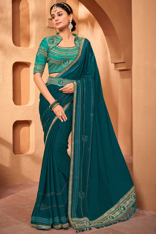 Wedding Wear Chiffon Fabric Border Work Saree In Teal Color