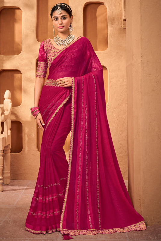 Wedding Wear Chiffon Fabric Magenta Color Border Work Saree