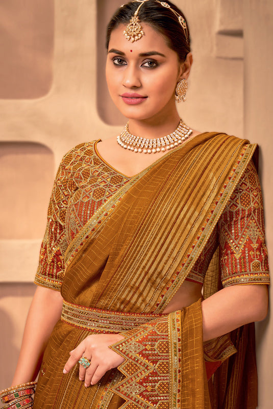 Wedding Wear Brown Color Chiffon Fabric Border Work Saree