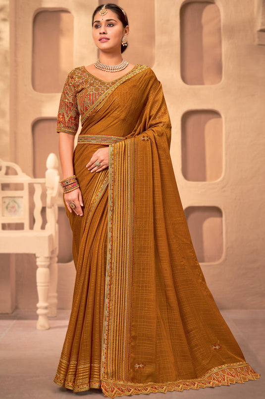 Wedding Wear Brown Color Chiffon Fabric Border Work Saree