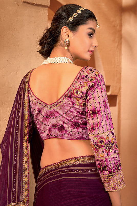 Sangeet Wear Chiffon Fabric Purple Color Border Work Saree