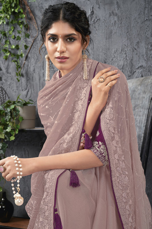 Lavender Color Chiffon Fabric Reception Wear Embroidered Saree