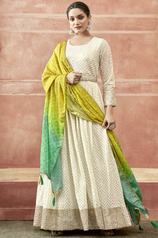 Georgette Fabric Beige Color Festive Wear Readymade Anarkali Salwar Kameez With Bandhani Print Dupatta