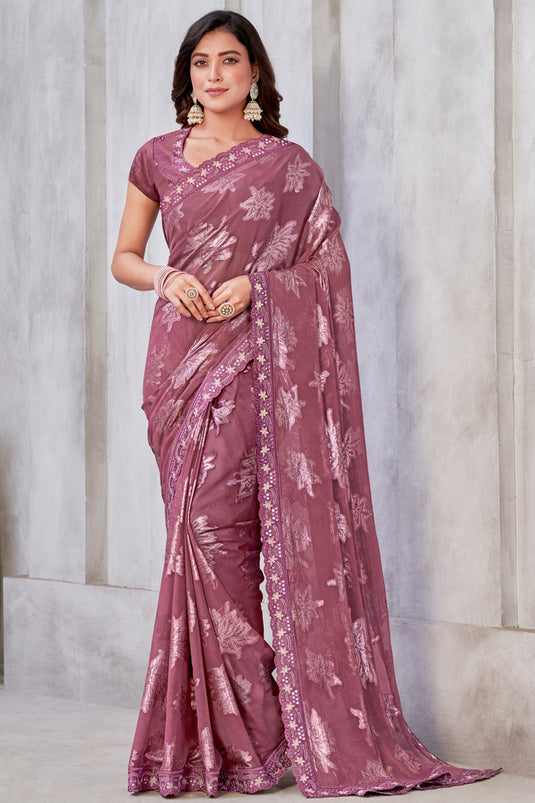 Weaving Work Georgette Fabric Sangeet Wear Pink Color Designer Saree