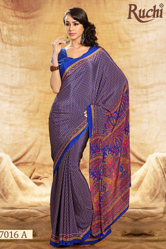 Dark Blue Color Crepe Fabric Occasion Wear Uniform Saree