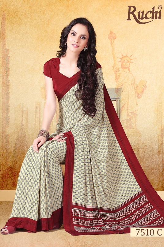 Casual Wear Printed Uniform Saree In Beige Color Crepe Fabric