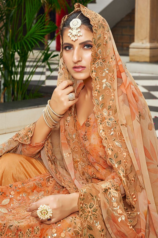 Orange Georgette Digital Print Embroidered Palazzo Suit