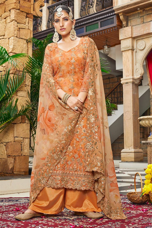 Orange Georgette Digital Print Embroidered Palazzo Suit