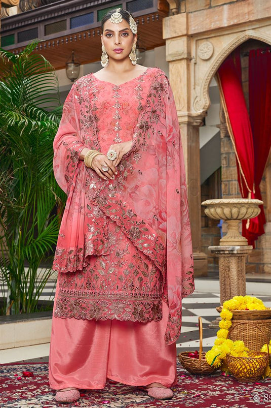 Peach Georgette Digital Print Embroidered Palazzo Suit