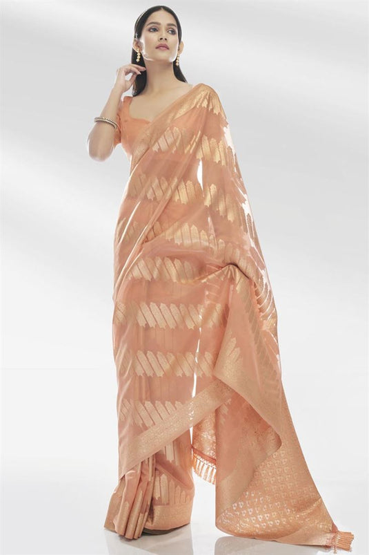 Trendy Organza Fabric Peach Color Saree With Weaving Work