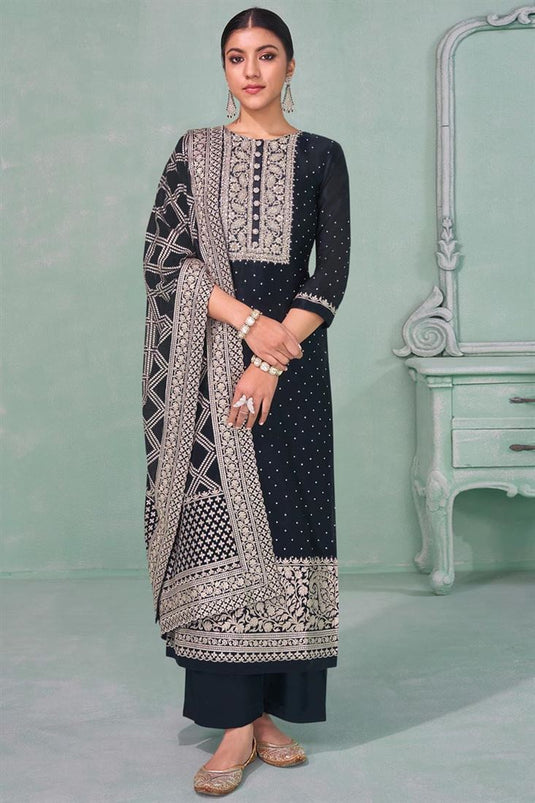 Georgette Fabric Navy Blue Color Embroidered Winsome Palazzo Suit