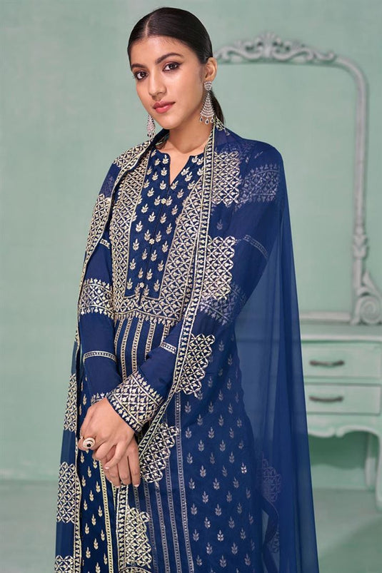 Blue Color Georgette Fabric Embroidered Tempting Palazzo Suit