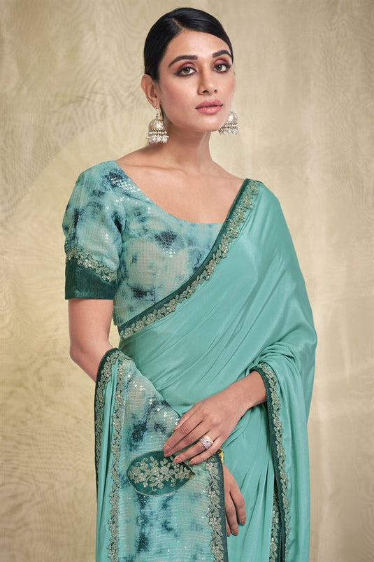 Glamorous Sequins Work Crepe Fabric Sea Green Color Saree