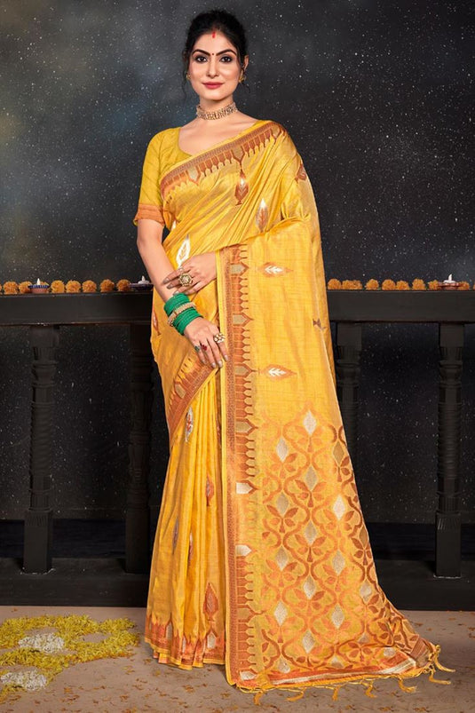 Art Silk Fabric Yellow Color Lovely Party Style Saree