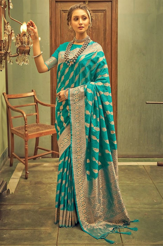 Weaving Work Cyan Color Banarasi Silk Saree