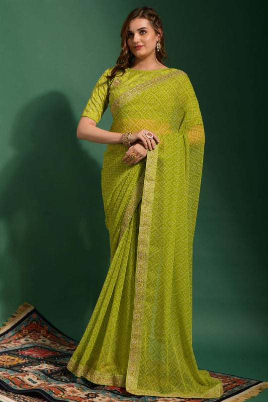 Chiffon Fabric Green Color Excellent Bandhani Printed Saree