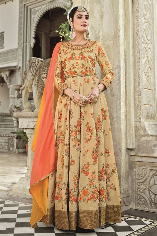 Beige Color Embroidered Work Art Silk Fabric Function Wear Tempting Anarkali Suit