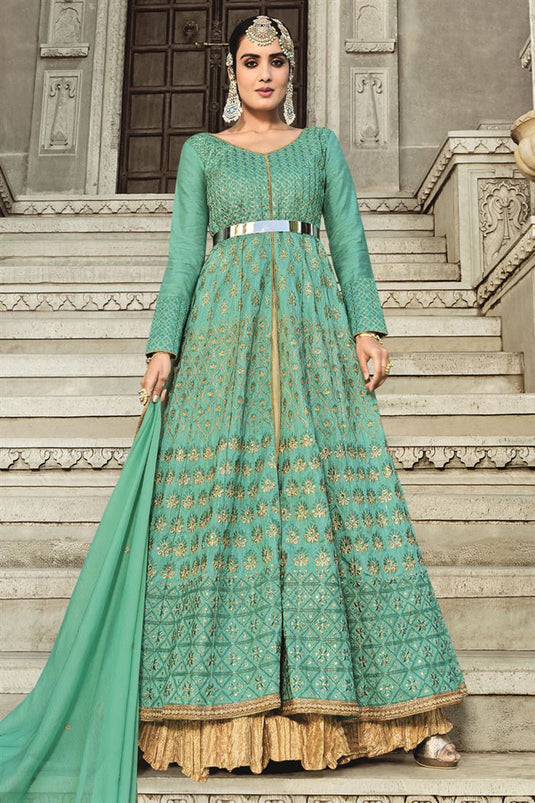 Alluring Art Silk Fabric Sea Green Color Function Wear Anarkali Suit With Embroidered Work