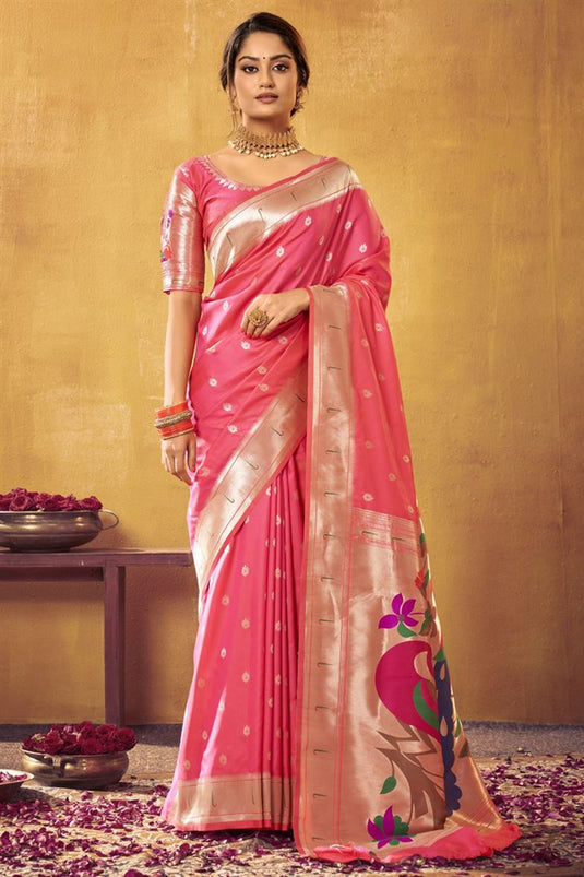 Incredible Weaving Work On Pink Color Paithani Silk Saree
