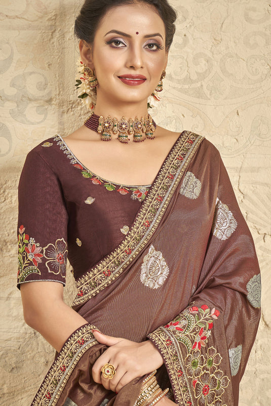 Embroidered Art Silk Fabric Saree In Brown Color