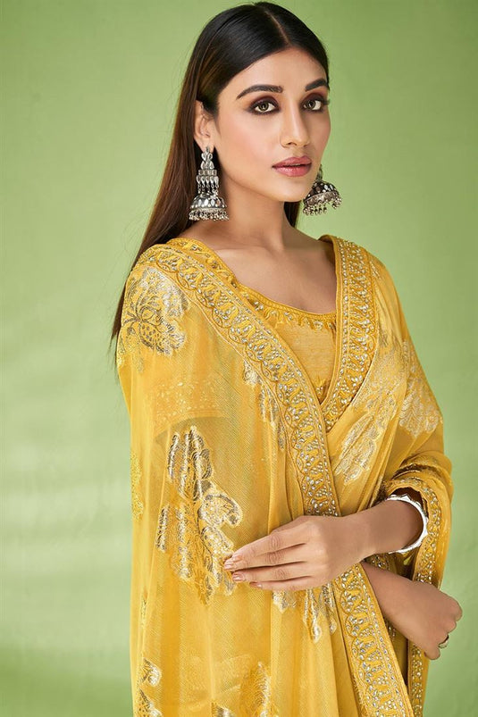 Awesome Foil Printed Georgette Saree In Yellow Color