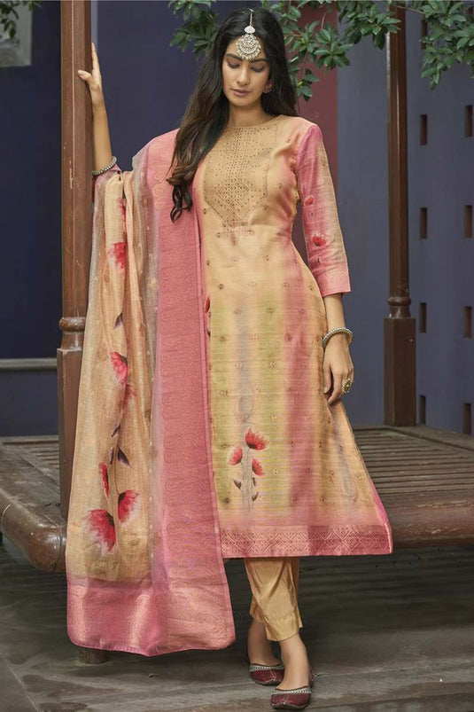 Cream Color Jacquard Fabric Casual Wear Salwar Suit With Digital Printed Work